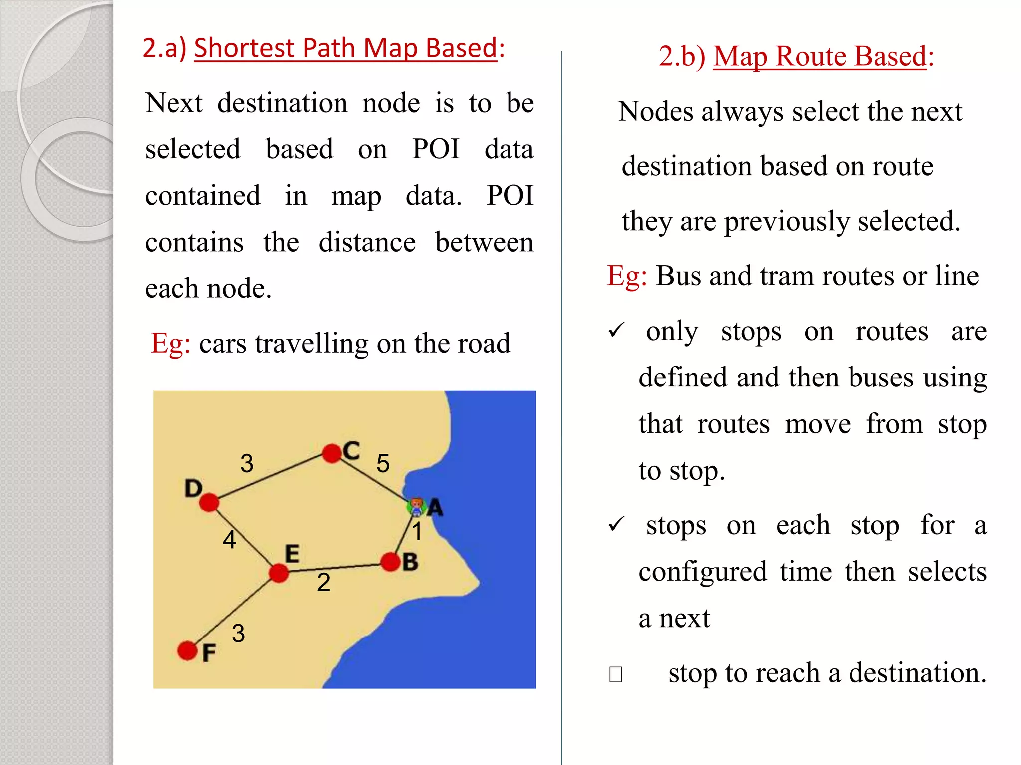 2.a) Shortest Path Map Based: 
Next destination node is to be 
selected based on POI data 
contained in map data. POI 
contains the distance between 
each node. 
Eg: cars travelling on the road 
2.b) Map Route Based: 
Nodes always select the next 
destination based on route 
they are previously selected. 
Eg: Bus and tram routes or line 
 only stops on routes are 
defined and then buses using 
that routes move from stop 
to stop. 
 stops on each stop for a 
configured time then selects 
a next 
stop to reach a destination. 
1 
5 
1 
3 
4 
2 
3 
 