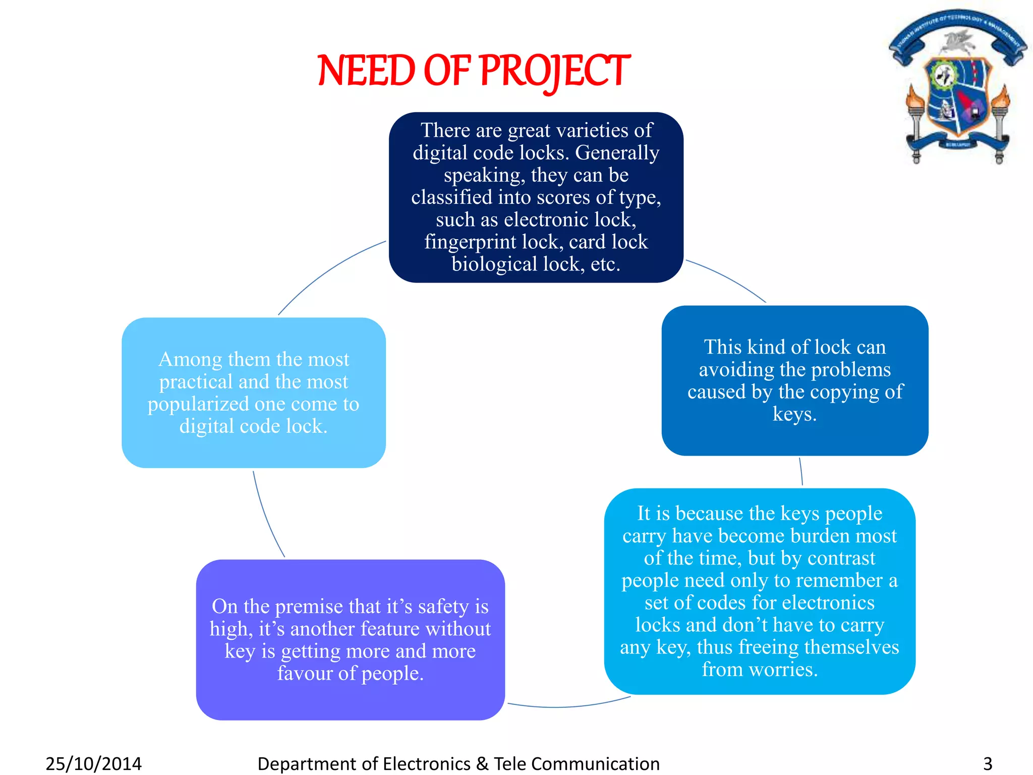NEED OF PROJECT 
There are great varieties of 
digital code locks. Generally 
speaking, they can be 
classified into scores of type, 
such as electronic lock, 
fingerprint lock, card lock 
biological lock, etc. 
This kind of lock can 
avoiding the problems 
caused by the copying of 
keys. 
It is because the keys people 
carry have become burden most 
of the time, but by contrast 
people need only to remember a 
set of codes for electronics 
locks and don’t have to carry 
any key, thus freeing themselves 
from worries. 
Among them the most 
practical and the most 
popularized one come to 
digital code lock. 
On the premise that it’s safety is 
high, it’s another feature without 
key is getting more and more 
favour of people. 
25/10/2014 Department of Electronics & Tele Communication 3 
 
