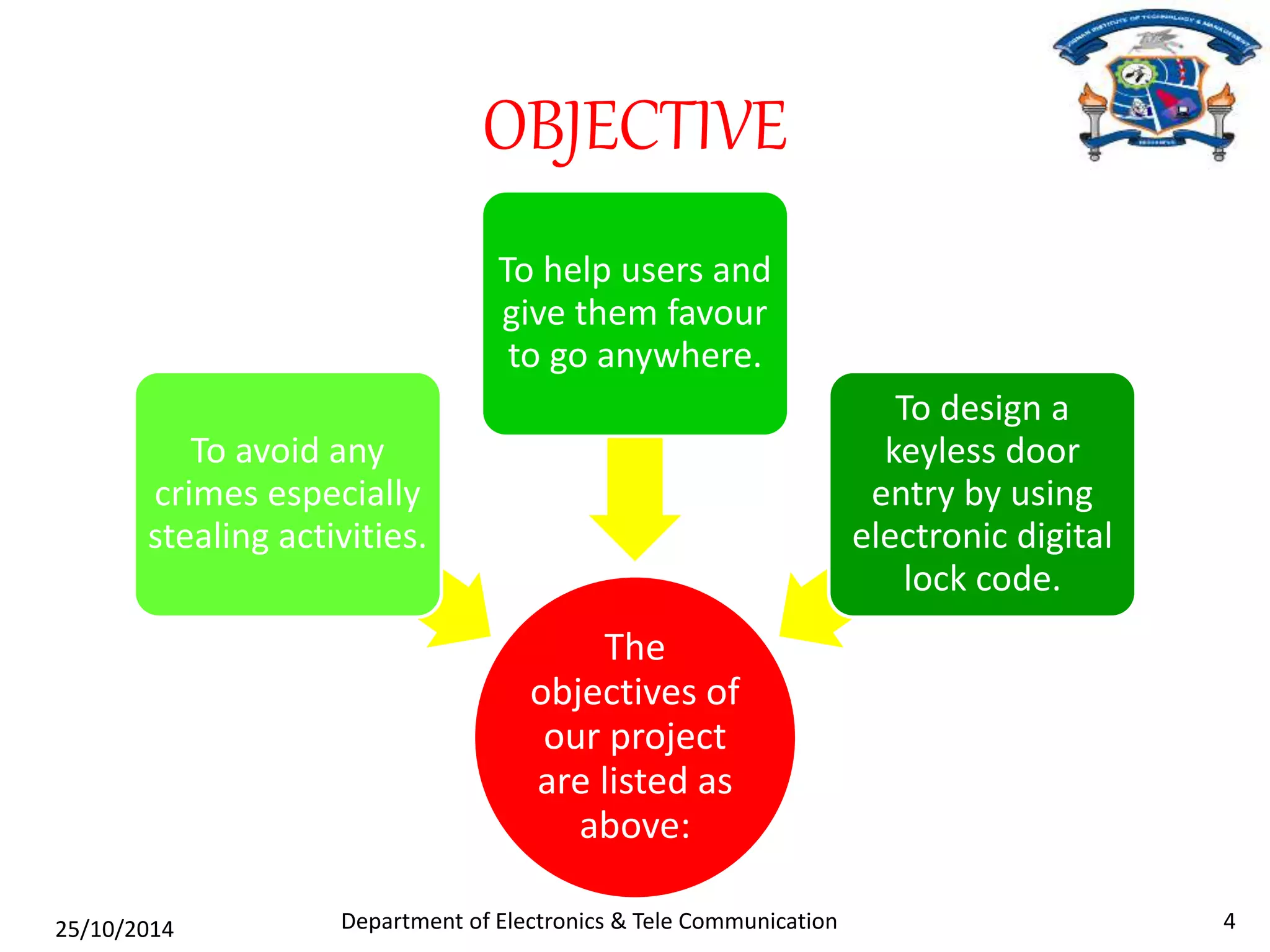 OBJECTIVE 
To help users and 
give them favour 
to go anywhere. 
The 
objectives of 
our project 
are listed as 
above: 
To avoid any 
crimes especially 
stealing activities. 
To design a 
keyless door 
entry by using 
electronic digital 
lock code. 
Department of Electronics & Tele Communication 25/10/2014 4 
 