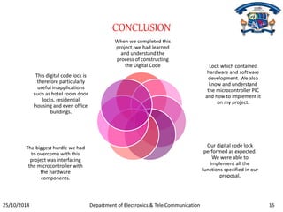 CONCLUSION 
When we completed this 
project, we had learned 
and understand the 
process of constructing 
the Digital Code Lock which contained 
hardware and software 
development. We also 
know and understand 
the microcontroller PIC 
and how to implement it 
on my project. 
Our digital code lock 
performed as expected. 
We were able to 
implement all the 
functions specified in our 
proposal. 
This digital code lock is 
therefore particularly 
useful in applications 
such as hotel room door 
locks, residential 
housing and even office 
buildings. 
The biggest hurdle we had 
to overcome with this 
project was interfacing 
the microcontroller with 
the hardware 
components. 
25/10/2014 Department of Electronics & Tele Communication 15 
 