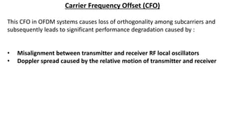 Carrier Frequency Offset (CFO)
- Doppler Frequency :
𝜹𝒇 =
𝒗
𝒄
. 𝒇 𝒄
In IEEE 802.11a standard :
Carrier frequency : 5 GHz
V...