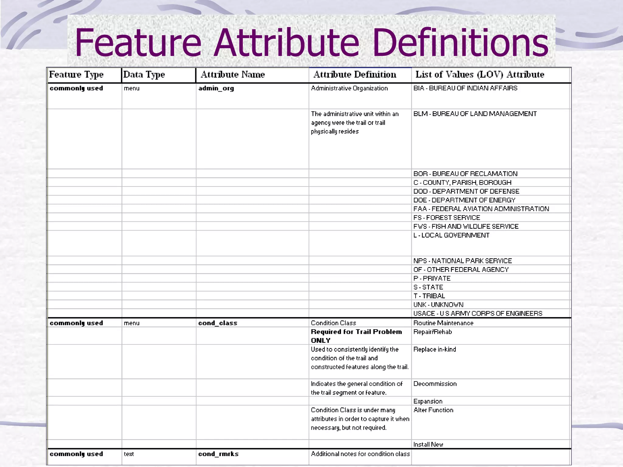 Feature Attribute Definitions 