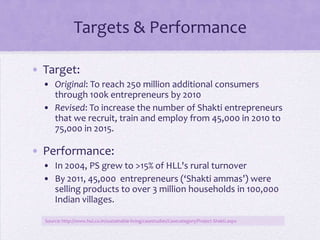 Targets & Performance

• Target:
  • Original: To reach 250 million additional consumers
    through 100k entrepreneurs by 2010
  • Revised: To increase the number of Shakti entrepreneurs
    that we recruit, train and employ from 45,000 in 2010 to
    75,000 in 2015.

• Performance:
  • In 2004, PS grew to >15% of HLL's rural turnover
  • By 2011, 45,000 entrepreneurs (‘Shakti ammas’) were
    selling products to over 3 million households in 100,000
    Indian villages.

  Source: http://www.hul.co.in/sustainable-living/casestudies/Casecategory/Project-Shakti.aspx
 