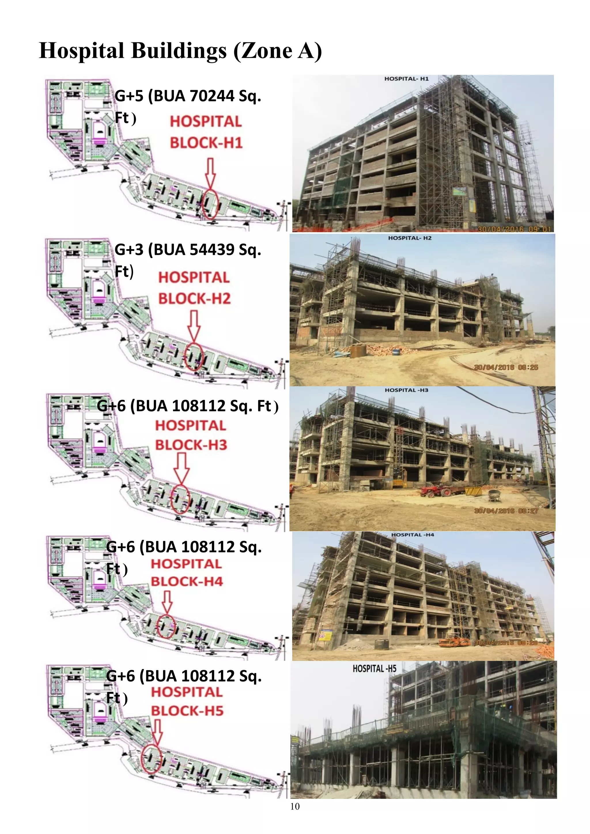 10
Hospital Buildings (Zone A)
G+5 (BUA 70244 Sq.
Ft)
G+3 (BUA 54439 Sq.
Ft)
G+6 (BUA 108112 Sq. Ft)
G+6 (BUA 108112 Sq.
Ft)
G+6 (BUA 108112 Sq.
Ft)
 