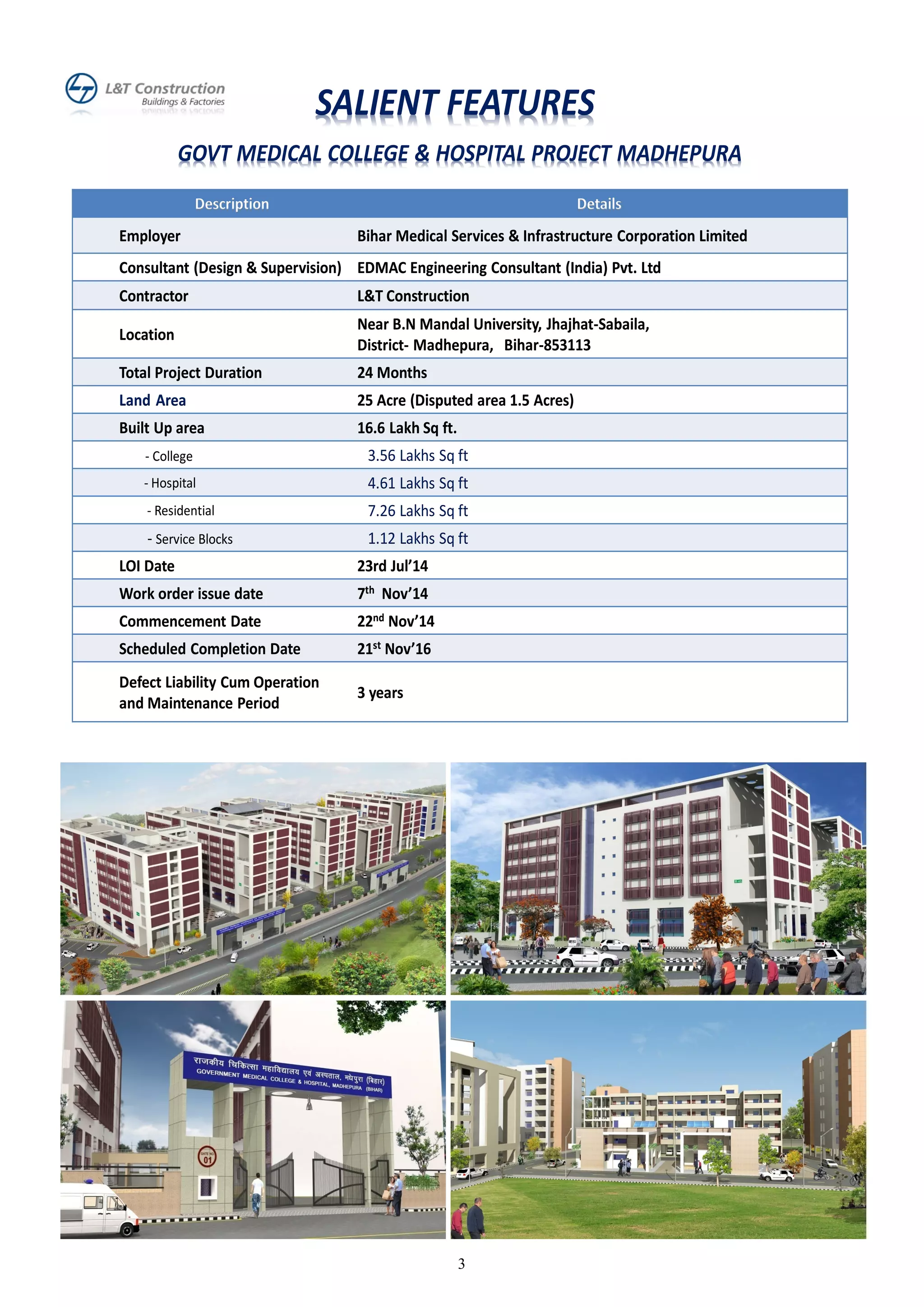 3
SALIENT FEATURES
GOVT MEDICAL COLLEGE & HOSPITAL PROJECT MADHEPURA
Description Details
Employer Bihar Medical Services & Infrastructure Corporation Limited
Consultant (Design & Supervision) EDMAC Engineering Consultant (India) Pvt. Ltd
Contractor L&T Construction
Location
Near B.N Mandal University, Jhajhat-Sabaila,
District- Madhepura, Bihar-853113
Total Project Duration 24 Months
Land Area 25 Acre (Disputed area 1.5 Acres)
Built Up area 16.6 Lakh Sq ft.
- College 3.56 Lakhs Sq ft
- Hospital 4.61 Lakhs Sq ft
- Residential 7.26 Lakhs Sq ft
- Service Blocks 1.12 Lakhs Sq ft
LOI Date 23rd Jul’14
Work order issue date 7th Nov’14
Commencement Date 22nd Nov’14
Scheduled Completion Date 21st Nov’16
Defect Liability Cum Operation
and Maintenance Period
3 years
 