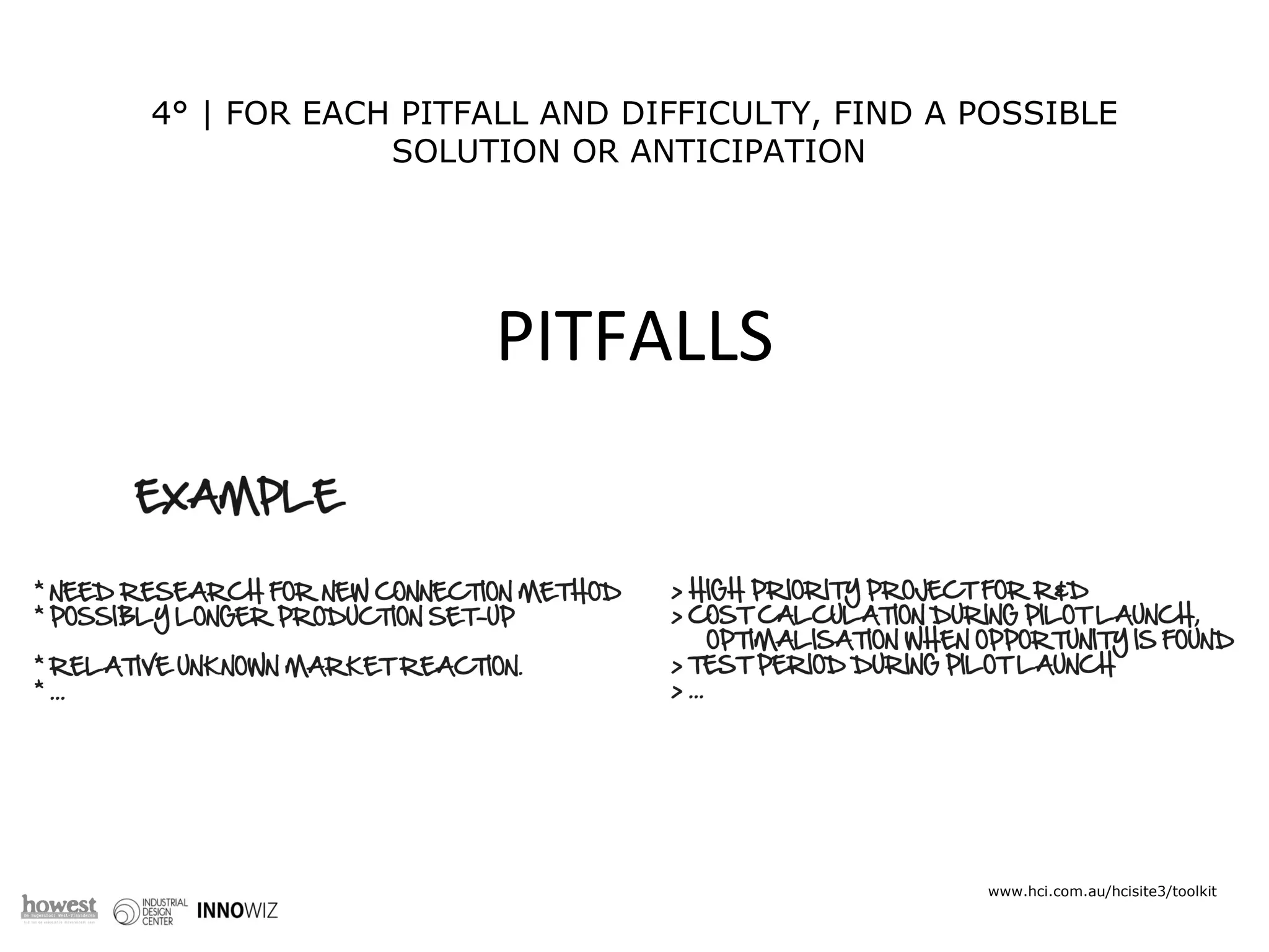 4° | FOR EACH PITFALL AND DIFFICULTY, FIND A POSSIBLE SOLUTION OR ANTICIPATION  RED IDEAS ARE * INNOVATIVE * A BREAKTHROUGH * ENERGIZING * APPLICABLE www.hci.com.au/hcisite3/toolkit PITFALLS 