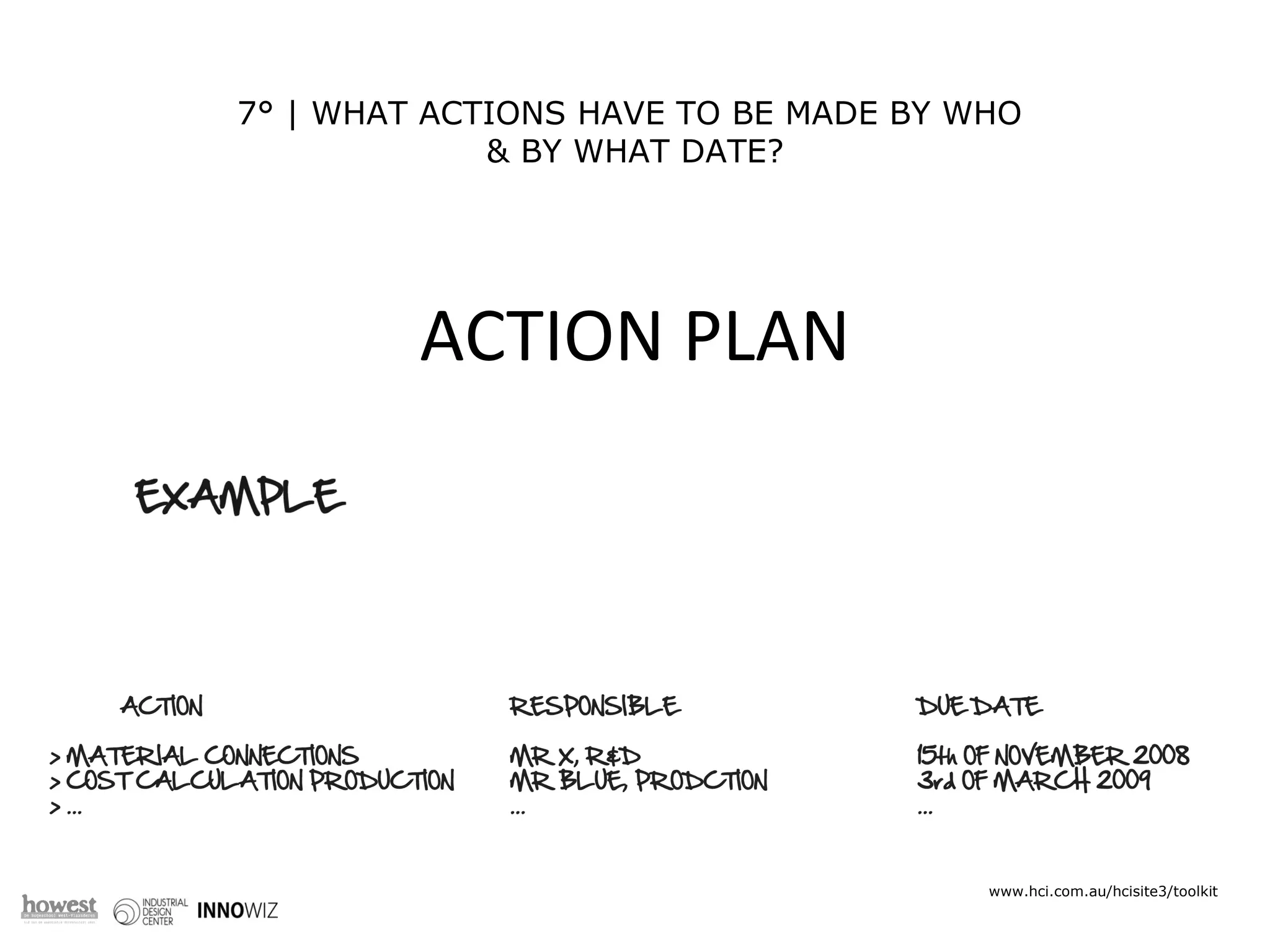 7° | WHAT ACTIONS HAVE TO BE MADE BY WHO  & BY WHAT DATE? RED IDEAS ARE * INNOVATIVE * A BREAKTHROUGH * ENERGIZING * APPLICABLE www.hci.com.au/hcisite3/toolkit ACTION PLAN 