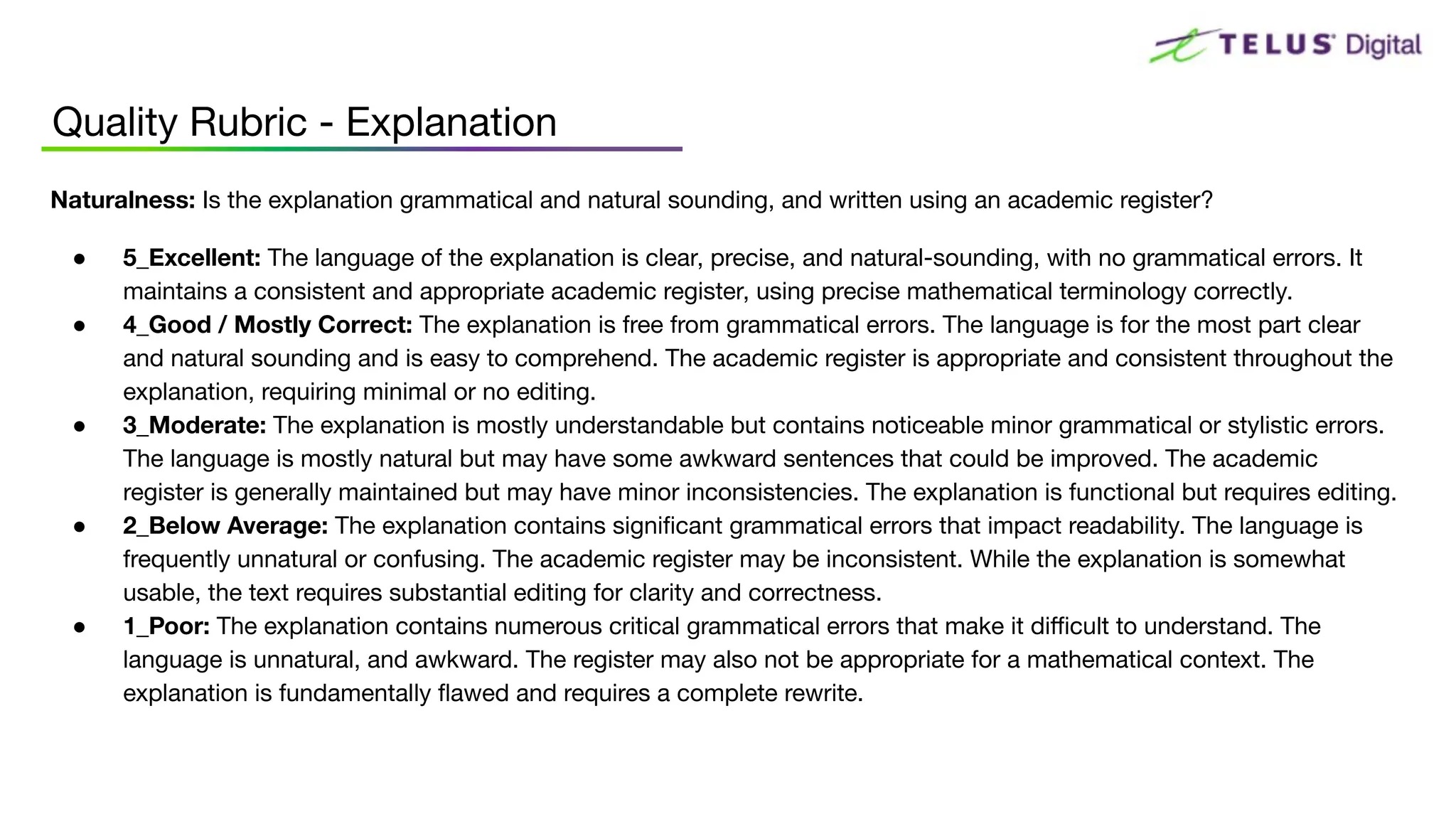 Quality Rubric - Explanation
Naturalness: Is the explanation grammatical and natural sounding, and written using an academic register?
● 5_Excellent: The language of the explanation is clear, precise, and natural-sounding, with no grammatical errors. It
maintains a consistent and appropriate academic register, using precise mathematical terminology correctly.
● 4_Good / Mostly Correct: The explanation is free from grammatical errors. The language is for the most part clear
and natural sounding and is easy to comprehend. The academic register is appropriate and consistent throughout the
explanation, requiring minimal or no editing.
● 3_Moderate: The explanation is mostly understandable but contains noticeable minor grammatical or stylistic errors.
The language is mostly natural but may have some awkward sentences that could be improved. The academic
register is generally maintained but may have minor inconsistencies. The explanation is functional but requires editing.
● 2_Below Average: The explanation contains signiﬁcant grammatical errors that impact readability. The language is
frequently unnatural or confusing. The academic register may be inconsistent. While the explanation is somewhat
usable, the text requires substantial editing for clarity and correctness.
● 1_Poor: The explanation contains numerous critical grammatical errors that make it diﬃcult to understand. The
language is unnatural, and awkward. The register may also not be appropriate for a mathematical context. The
explanation is fundamentally ﬂawed and requires a complete rewrite.
 