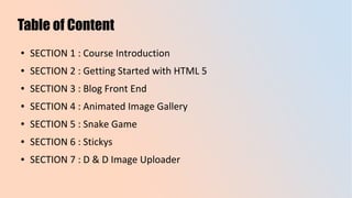 Table of Content
● SECTION 1 : Course Introduction
● SECTION 2 : Getting Started with HTML 5
● SECTION 3 : Blog Front End
● SECTION 4 : Animated Image Gallery
● SECTION 5 : Snake Game
● SECTION 6 : Stickys
● SECTION 7 : D & D Image Uploader
 