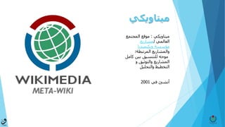 ‫ميتاويكي‬
‫ميتاويكي‬:‫المجت‬ ‫موقع‬‫مع‬
‫ل‬ ‫العالمي‬‫مشاريع‬
‫مؤسسة‬‫ويكيميديا‬
‫والمشاريع‬‫المرتبطة؛‬
‫ك‬ ‫بين‬ ‫للتنسيق‬ ‫موجه‬‫امل‬
‫و‬ ‫والتوثيق‬ ‫المشاريع‬
‫والتحليل‬ ‫التخطيط‬
‫في‬ ‫أنشئ‬2001
 