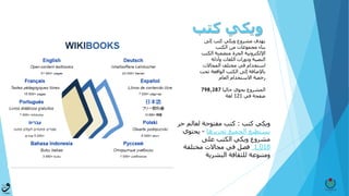 ‫كتب‬ ‫ويكي‬
‫كتب‬ ‫ويكي‬:‫حر‬ ‫لعالم‬ ‫مفتوحة‬ ‫كتب‬
‫تحريرها‬ ‫الجميع‬ ‫يستطيع‬-‫يحتوي‬
‫على‬ ‫الكتب‬ ‫ويكي‬ ‫مشروع‬
1,018‫مختلفة‬ ‫مجاالت‬ ‫في‬ ‫فصل‬
‫البشرية‬ ‫للثقافة‬ ‫ومتنوعة‬
‫إلى‬ ‫كتب‬ ‫ويكي‬ ‫مشروع‬ ‫يهدف‬
‫الكتب‬ ‫من‬ ‫مجموعات‬ ‫بناء‬
‫الك‬ ‫متضمنة‬ ‫الحرة‬ ‫اإللكترونية‬‫تب‬
‫وأدلة‬ ‫اللغات‬ ‫ودورات‬ ‫النصية‬
‫المجاالت‬ ‫مختلف‬ ‫في‬ ‫استخدام‬
‫ت‬ ‫الواقعة‬ ‫الكتب‬ ‫إلى‬ ‫باإلضافة‬‫حت‬
‫رخصة‬‫العام‬ ‫االستخدام‬
‫حاليا‬ ‫يحوي‬ ‫المشروع‬798,287
‫في‬ ‫صفحة‬121‫لغة‬
 
