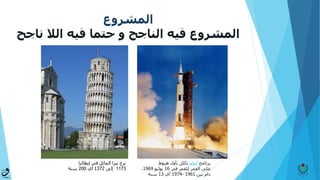 ‫المشروع‬
‫المشروع‬‫فيه‬ ‫حتما‬ ‫و‬ ‫الناجح‬ ‫فيه‬‫الال‬‫ن‬‫اجح‬
‫برنامج‬‫أبولو‬‫هبوط‬ ‫بأول‬ ‫تكلل‬
‫في‬ ‫للقمر‬ ‫القمر‬ ‫على‬16‫يوليو‬1969.
‫بين‬ ‫دام‬1961-1974‫أي‬13‫سنة‬
‫إيطاليا‬ ‫في‬ ‫المائل‬ ‫بيزا‬ ‫برج‬
1173‫إلى‬1372‫أي‬200‫سنة‬
 