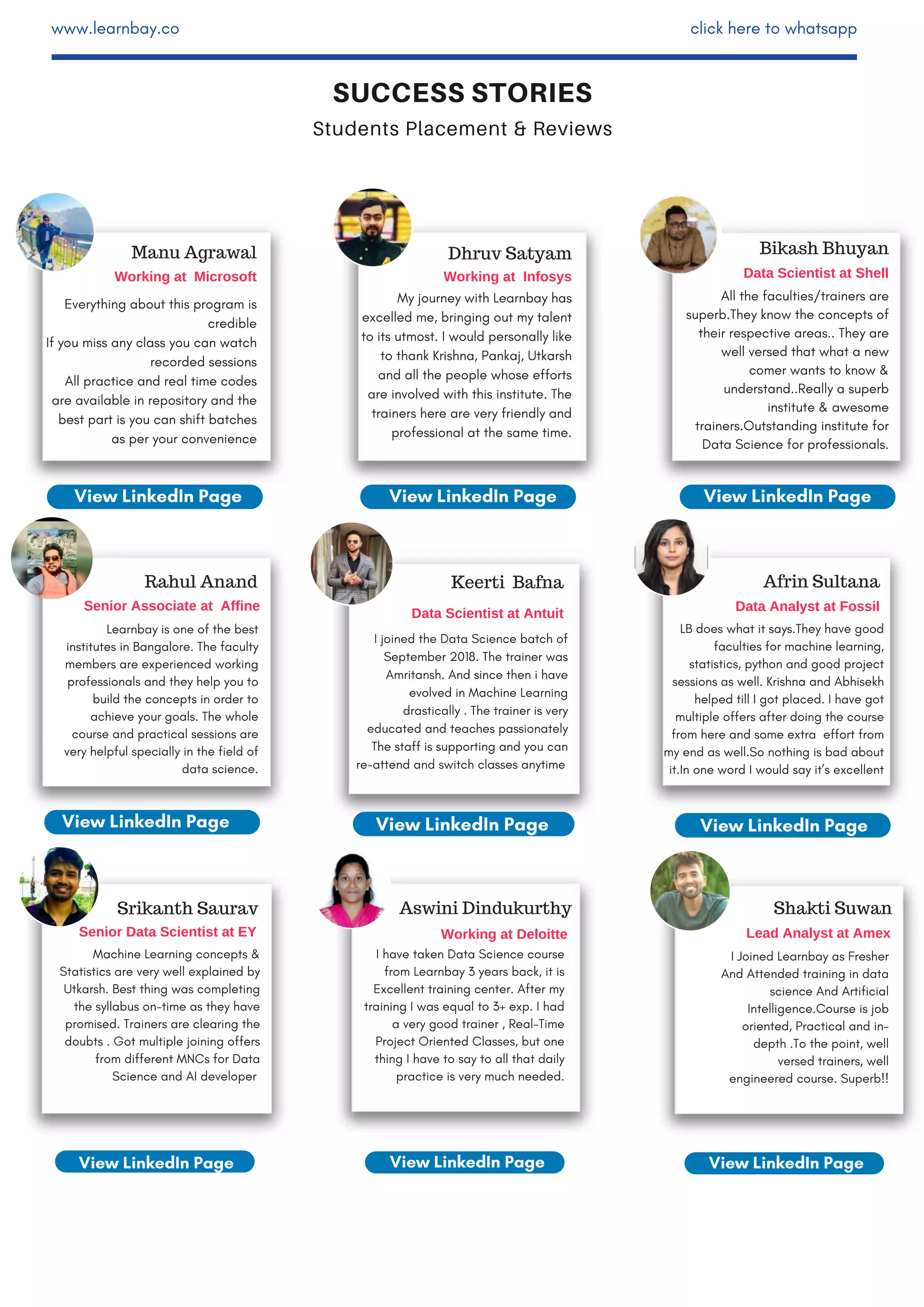 SUCCESS STORIES
Students Placement & Reviews
www.learnbay.co click here to whatsapp
Bikash Bhuyan
Data Scientist at Shell
All the faculties/trainers are
superb.They know the concepts of
their respective areas.. They are
well versed that what a new
comer wants to know &
understand..Really a superb
institute & awesome
trainers.Outstanding institute for
Data Science for professionals.
Senior Data Scientist at EY
Srikanth Saurav
Machine Learning concepts &
Statistics are very well explained by
Utkarsh. Best thing was completing
the syllabus on-time as they have
promised. Trainers are clearing the
doubts . Got multiple joining offers
from different MNCs for Data
Science and AI developer
1 Y E A R
S U B S C R I P T I O N
I Joined Learnbay as Fresher
And Attended training in data
science And Artificial
Intelligence.Course is job
oriented, Practical and in-
depth .To the point, well
versed trainers, well
engineered course. Superb!!
LB does what it says.They have good
faculties for machine learning,
statistics, python and good project
sessions as well. Krishna and Abhisekh
helped till I got placed. I have got
multiple offers after doing the course
from here and some extra effort from
my end as well.So nothing is bad about
it.In one word I would say it’s excellent
Manu Agrawal
Working at Microsoft
View LinkedIn Page View LinkedIn Page
Learnbay is one of the best
institutes in Bangalore. The faculty
members are experienced working
professionals and they help you to
build the concepts in order to
achieve your goals. The whole
course and practical sessions are
very helpful specially in the field of
data science.
Senior Associate at Affine
I have taken Data Science course
from Learnbay 3 years back, it is
Excellent training center. After my
training I was equal to 3+ exp. I had
a very good trainer , Real-Time
Project Oriented Classes, but one
thing I have to say to all that daily
practice is very much needed.
Aswini Dindukurthy
Working at Deloitte
View LinkedIn Page
View LinkedIn Page
Shakti Suwan
Lead Analyst at Amex
Afrin Sultana
Data Analyst at Fossil
View LinkedIn PageView LinkedIn Page
Keerti Bafna
Data Scientist at Antuit
I joined the Data Science batch of
September 2018. The trainer was
Amritansh. And since then i have
evolved in Machine Learning
drastically . The trainer is very
educated and teaches passionately
The staff is supporting and you can
re-attend and switch classes anytime
Everything about this program is
credible
If you miss any class you can watch
recorded sessions
All practice and real time codes
are available in repository and the
best part is you can shift batches
as per your convenience
Dhruv Satyam
Working at Infosys
My journey with Learnbay has
excelled me, bringing out my talent
to its utmost. I would personally like
to thank Krishna, Pankaj, Utkarsh
and all the people whose efforts
are involved with this institute. The
trainers here are very friendly and
professional at the same time.
Rahul Anand
View LinkedIn PageView LinkedIn Page View LinkedIn Page
 