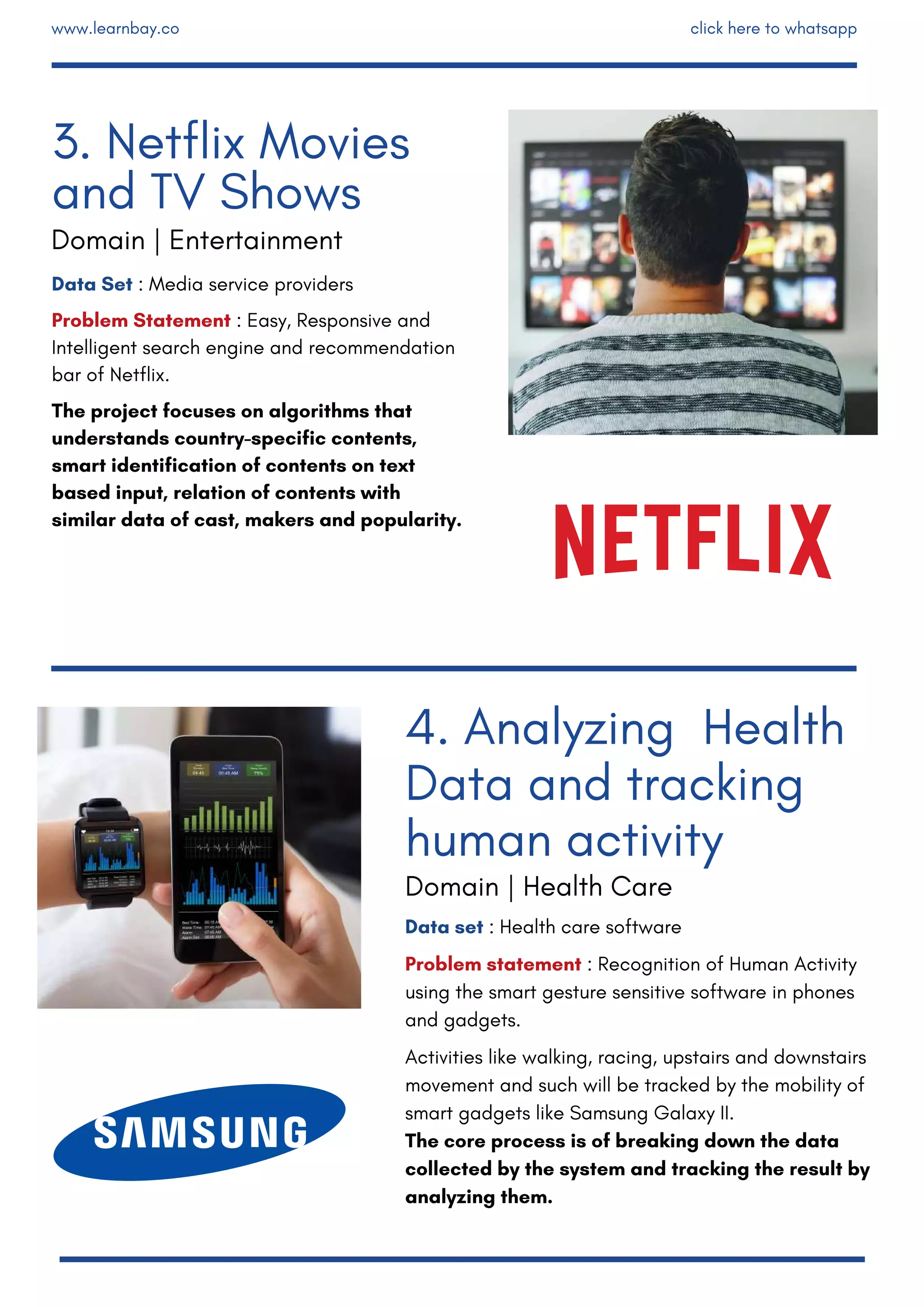 Data set : Health care software
Problem statement : Recognition of Human Activity
using the smart gesture sensitive software in phones
and gadgets.
Activities like walking, racing, upstairs and downstairs
movement and such will be tracked by the mobility of
smart gadgets like Samsung Galaxy II.
The core process is of breaking down the data
collected by the system and tracking the result by
analyzing them.
Data Set : Media service providers
Problem Statement : Easy, Responsive and
Intelligent search engine and recommendation
bar of Netflix.
The project focuses on algorithms that
understands country-specific contents,
smart identification of contents on text
based input, relation of contents with
similar data of cast, makers and popularity.
3. Netflix Movies
and TV Shows
4. Analyzing Health
Data and tracking
human activity
Domain | Entertainment
Domain | Health Care
www.learnbay.co click here to whatsapp
 