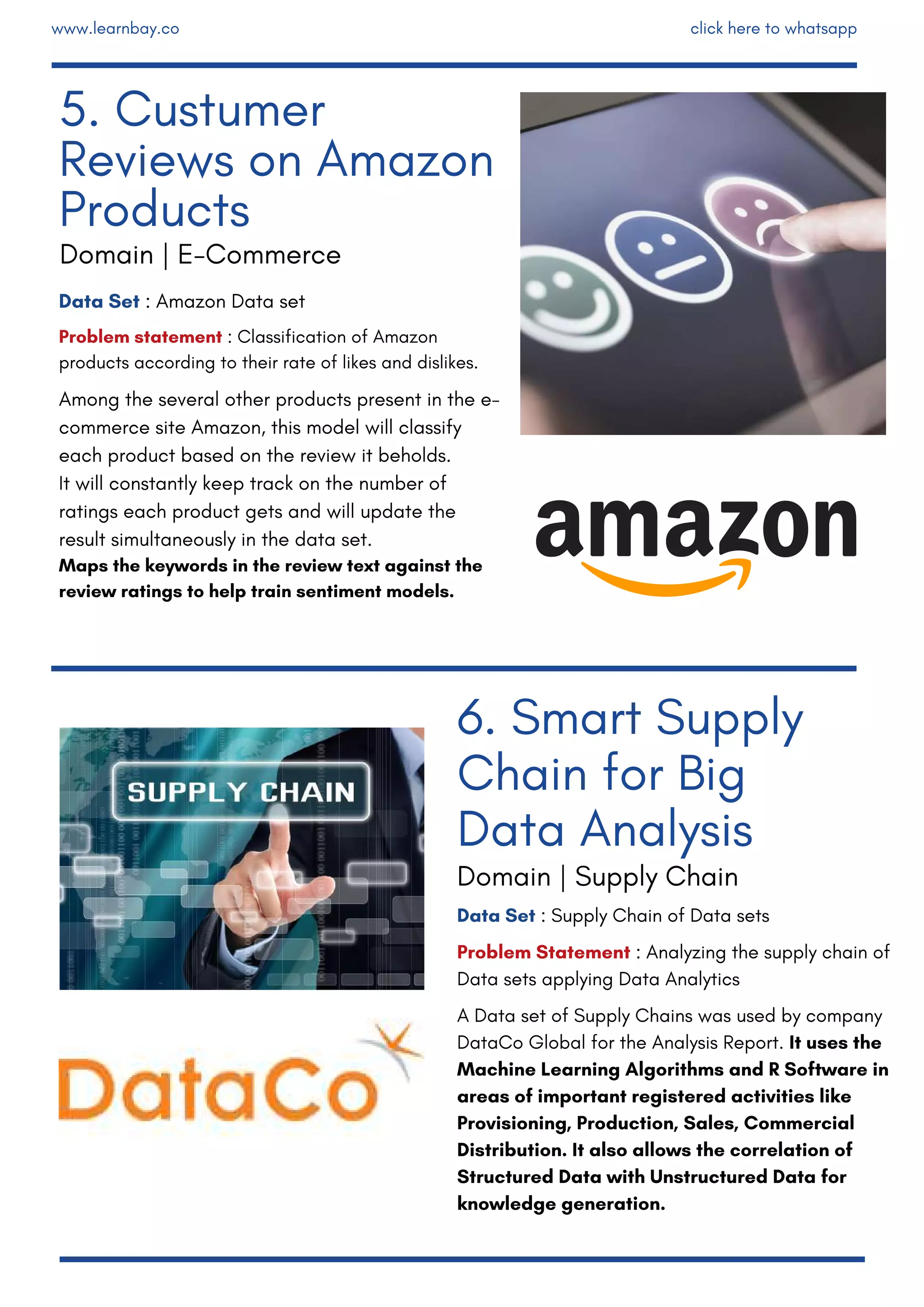 Data Set : Amazon Data set
Problem statement : Classification of Amazon
products according to their rate of likes and dislikes.
Among the several other products present in the e-
commerce site Amazon, this model will classify
each product based on the review it beholds.
It will constantly keep track on the number of
ratings each product gets and will update the
result simultaneously in the data set.
Maps the keywords in the review text against the
review ratings to help train sentiment models.
Data Set : Supply Chain of Data sets
Problem Statement : Analyzing the supply chain of
Data sets applying Data Analytics
A Data set of Supply Chains was used by company
DataCo Global for the Analysis Report. It uses the
Machine Learning Algorithms and R Software in
areas of important registered activities like
Provisioning, Production, Sales, Commercial
Distribution. It also allows the correlation of
Structured Data with Unstructured Data for
knowledge generation.
6. Smart Supply
Chain for Big
Data Analysis
5. Custumer
Reviews on Amazon
Products
Domain | E-Commerce
Domain | Supply Chain
www.learnbay.co click here to whatsapp
 