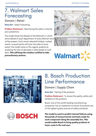 Data Set : Sales Forecasting
Problem Statement : Maintaining the sales in retail by
prior predictions.
This model stores the dataset of the Walmart's in which
entire details of each department of every Walmart store
will be present. Each store's selected holidays, marked
events, unusual events will lower the sales to some
extent, the model works on this regard, predicts by
analyzing the rate of decrease in sales based on such
data. This will keep the retailers notified to take
precautionary actions.
Data Set : Testing of the products
Problem Statement : To ensure the quality, safety and
reliability of the products.
Bosch, one of the world's leading manufacturing
companies, has an imperative to ensure its products are
of the highest quality and are of safety standards.
The model is used to predict internal failures using
thousands of measurements and tests made for
each component along the assembly line. This
would enable Bosch to bring quality products at
lower costs to the end-user.
8. Bosch Production
Line Performance
7. Walmart Sales
Forecasting
Domain | Retail
Domain | Supply Chain
www.learnbay.co click here to whatsapp
 