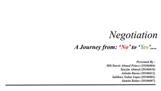 Negotiation
A Journey from: ‘No’ to ‘Yes’....
Presented By -
MD.Tanvir Ahmed Prince (19206004)
Tanzim Ahmed (20106039)
Aninda Barua (20106012)
Sabikun Nahar Lupa (20106001)
Samita Bahar (20106007)
 
