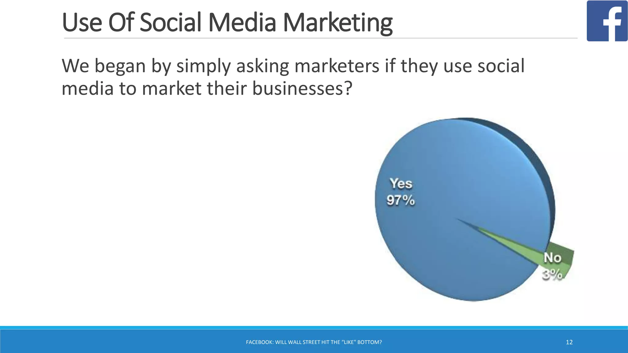 Use Of Social Media Marketing
We began by simply asking marketers if they use social
media to market their businesses?
FACEBOOK: WILL WALL STREET HIT THE “LIKE" BOTTOM? 12
 