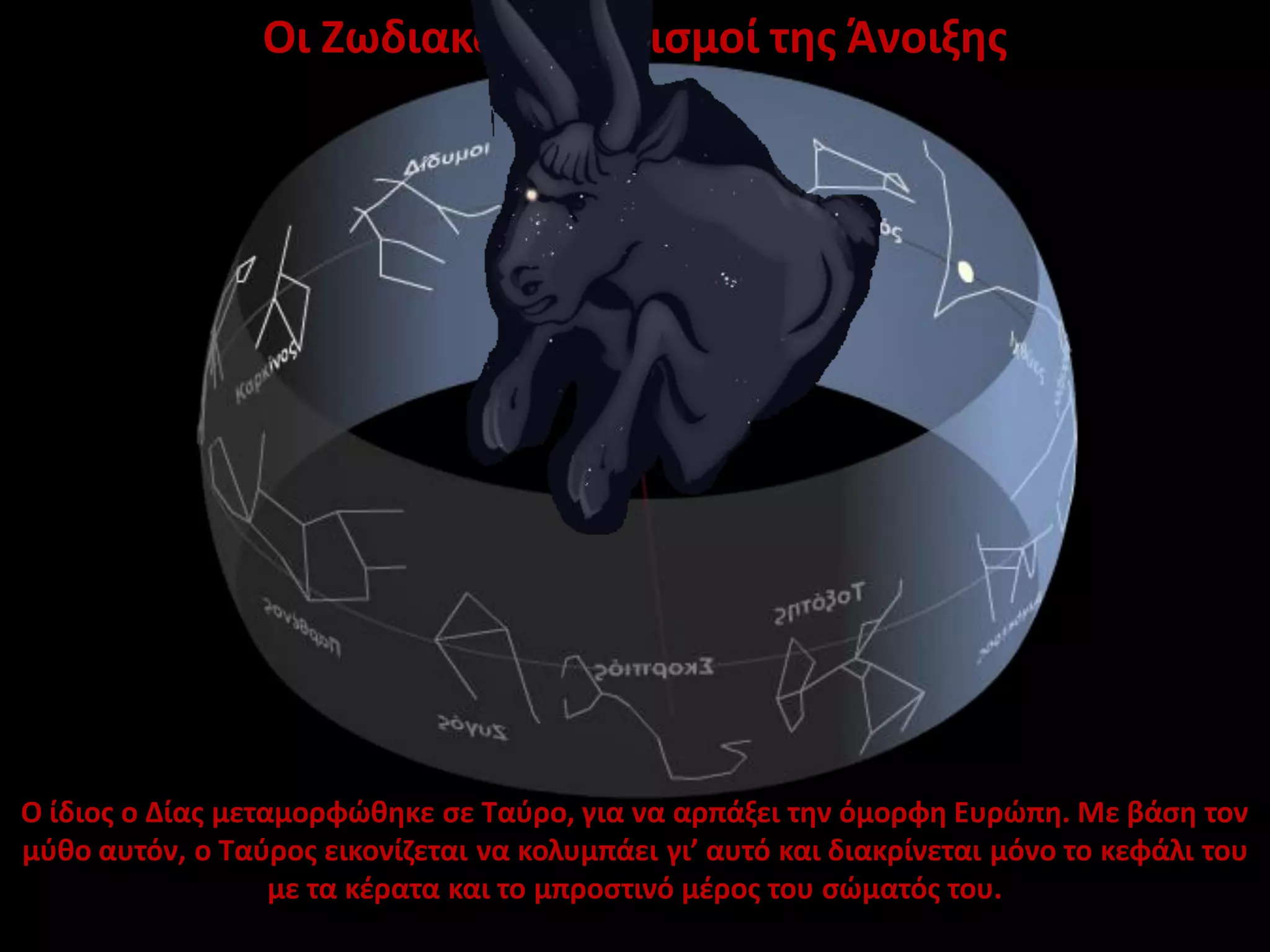 Οι Ζωδιακοί Αστερισμοί της Άνοιξης

Ο ίδιος ο Δίας μεταμορφώθηκε σε Ταύρο, για να αρπάξει την όμορφη Ευρώπη. Με βάση τον
μύθο αυτόν, ο Ταύρος εικονίζεται να κολυμπάει γι’ αυτό και διακρίνεται μόνο το κεφάλι του
με τα κέρατα και το μπροστινό μέρος του σώματός του.

 