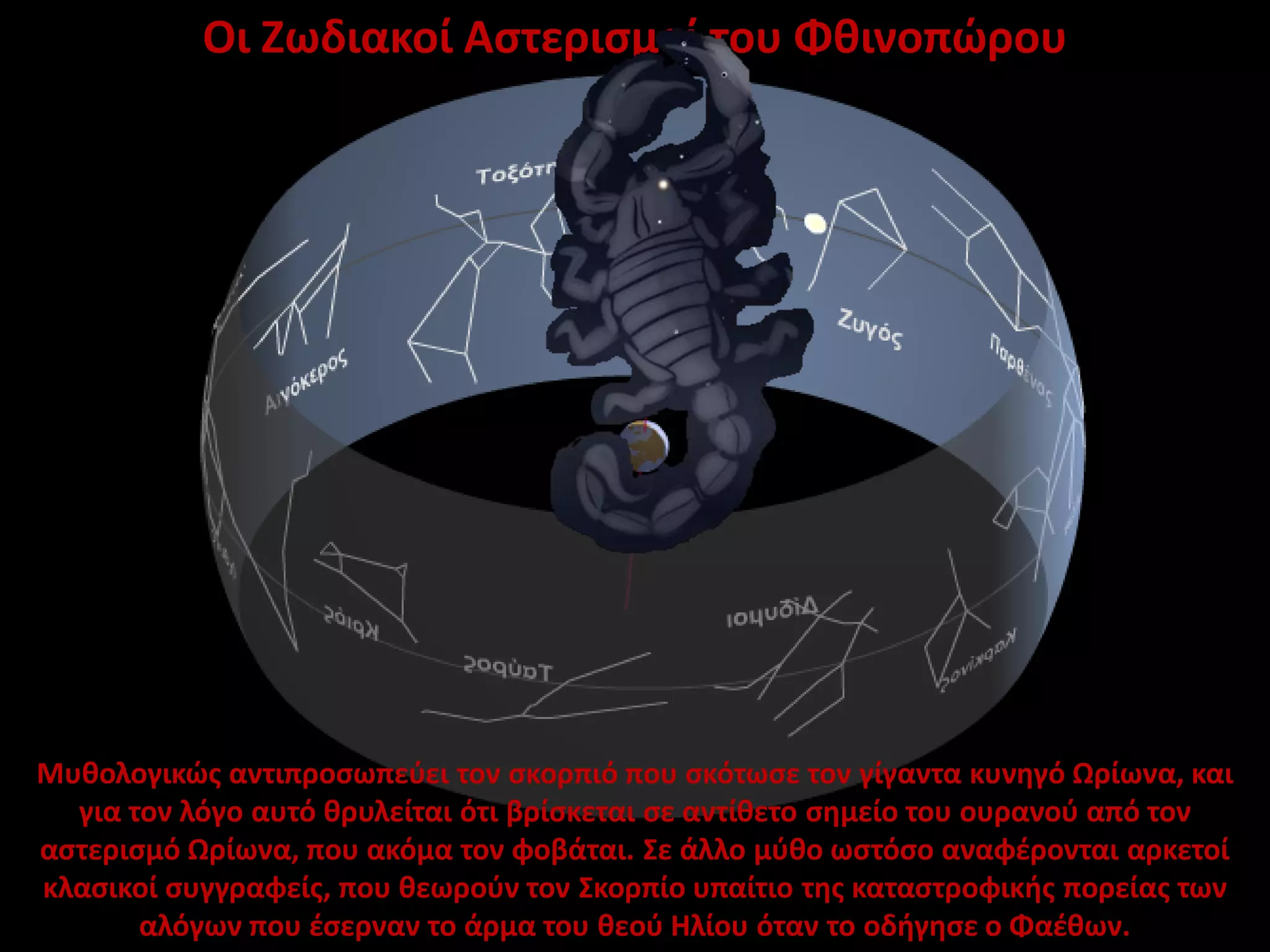 Οι Ζωδιακοί Αστερισμοί του Φθινοπώρου

Μυθολογικώς αντιπροσωπεύει τον σκορπιό που σκότωσε τον γίγαντα κυνηγό Ωρίωνα, και
για τον λόγο αυτό θρυλείται ότι βρίσκεται σε αντίθετο σημείο του ουρανού από τον
αστερισμό Ωρίωνα, που ακόμα τον φοβάται. Σε άλλο μύθο ωστόσο αναφέρονται αρκετοί
κλασικοί συγγραφείς, που θεωρούν τον Σκορπίο υπαίτιο της καταστροφικής πορείας των
αλόγων που έσερναν το άρμα του θεού Ηλίου όταν το οδήγησε ο Φαέθων.

 