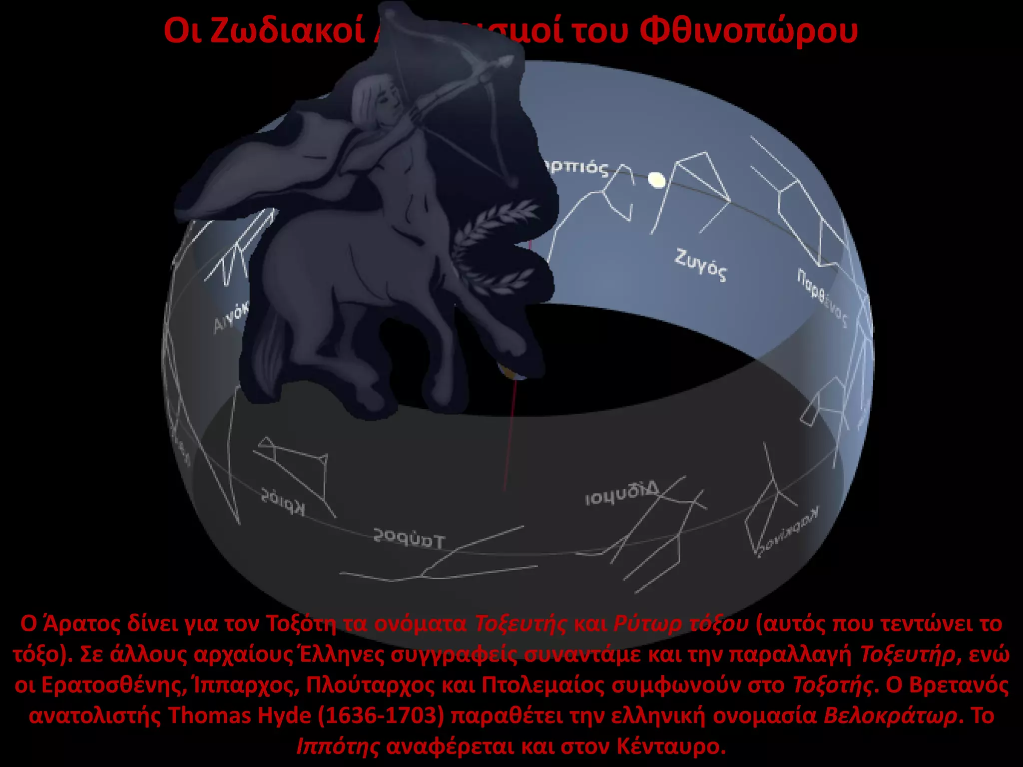 Οι Ζωδιακοί Αστερισμοί του Φθινοπώρου

O Άρατος δίνει για τον Τοξότη τα ονόματα Τοξευτής και Ρύτωρ τόξου (αυτός που τεντώνει το
τόξο). Σε άλλους αρχαίους Έλληνες συγγραφείς συναντάμε και την παραλλαγή Τοξευτήρ, ενώ
οι Ερατοσθένης, Ίππαρχος, Πλούταρχος και Πτολεμαίος συμφωνούν στο Τοξοτής. Ο Βρετανός
ανατολιστής Thomas Hyde (1636-1703) παραθέτει την ελληνική ονομασία Βελοκράτωρ. Το
Ιππότης αναφέρεται και στον Κένταυρο.

 