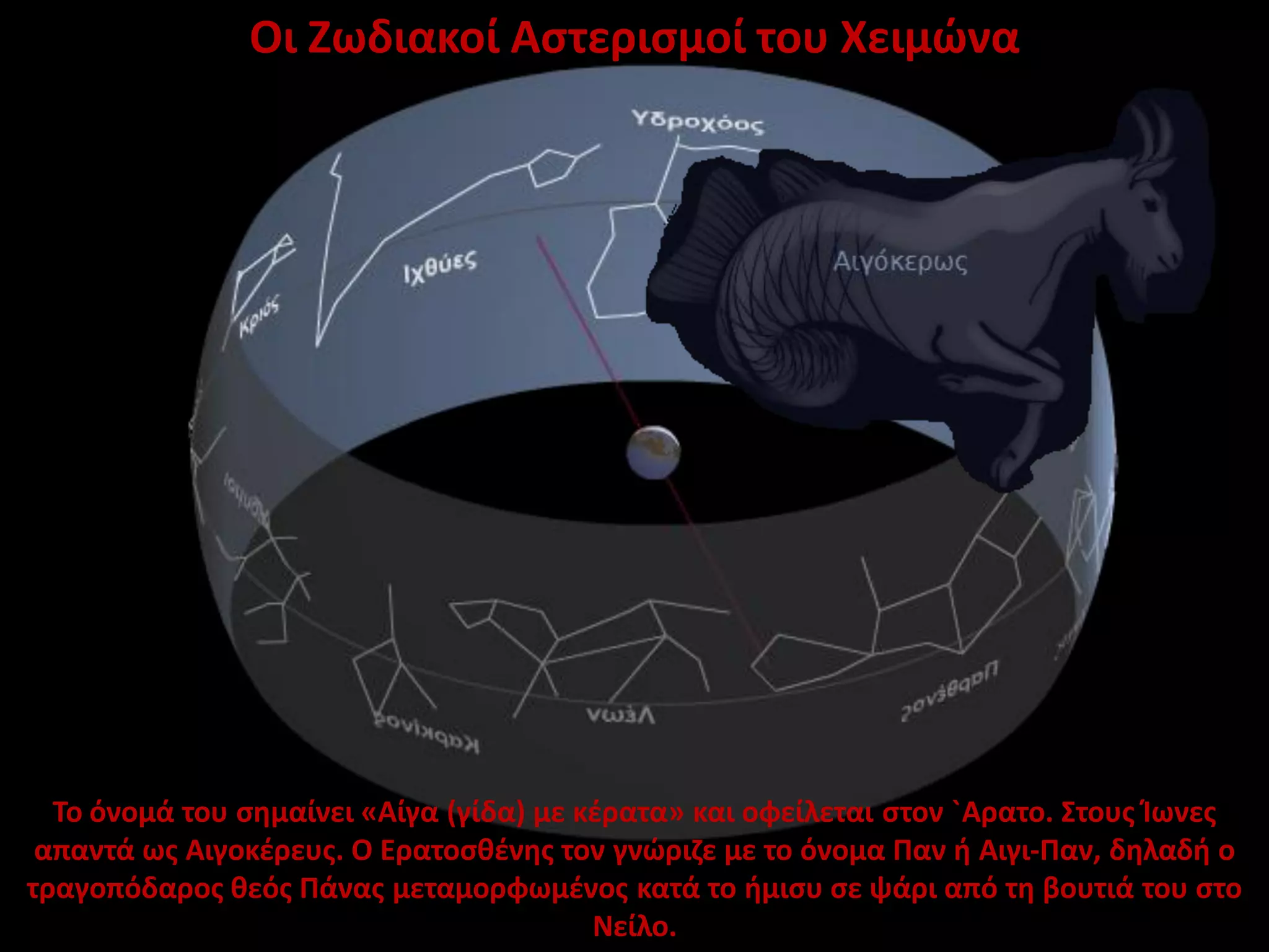 Οι Ζωδιακοί Αστερισμοί του Χειμώνα

Το όνομά του σημαίνει «Αίγα (γίδα) με κέρατα» και οφείλεται στον `Αρατο. Στους Ίωνες
απαντά ως Αιγοκέρευς. Ο Ερατοσθένης τον γνώριζε με το όνομα Παν ή Αιγι-Παν, δηλαδή ο
τραγοπόδαρος θεός Πάνας μεταμορφωμένος κατά το ήμισυ σε ψάρι από τη βουτιά του στο
Νείλο.

 