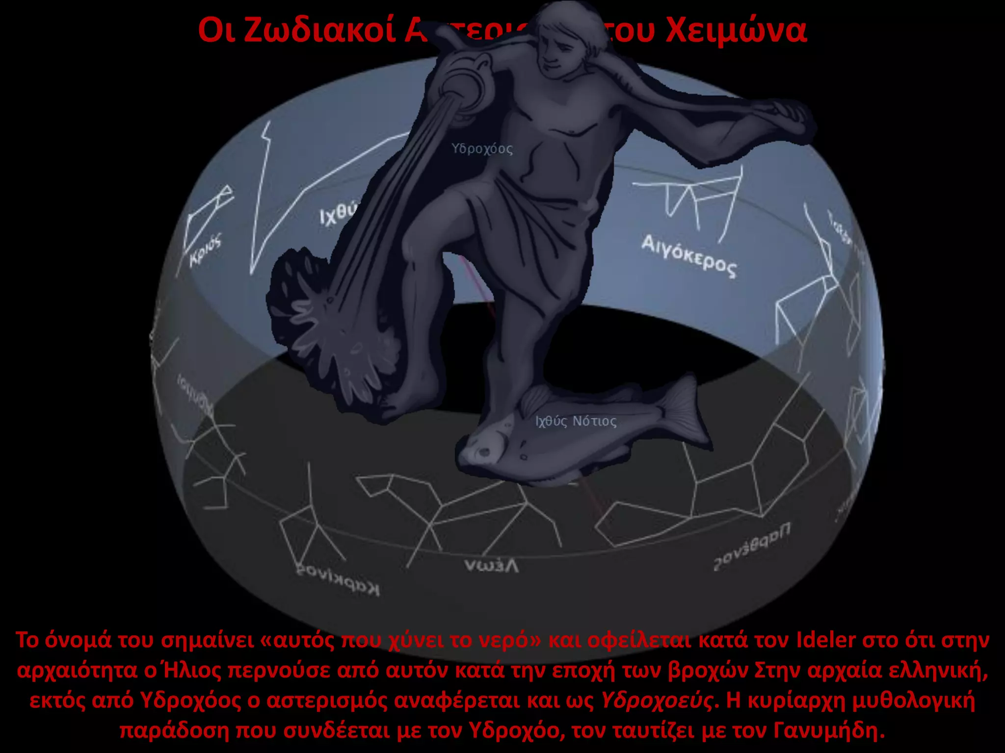 Οι Ζωδιακοί Αστερισμοί του Χειμώνα

Το όνομά του σημαίνει «αυτός που χύνει το νερό» και οφείλεται κατά τον Ideler στο ότι στην
αρχαιότητα ο Ήλιος περνούσε από αυτόν κατά την εποχή των βροχών Στην αρχαία ελληνική,
εκτός από Υδροχόος ο αστερισμός αναφέρεται και ως Υδροχοεύς. Η κυρίαρχη μυθολογική
παράδοση που συνδέεται με τον Υδροχόο, τον ταυτίζει με τον Γανυμήδη.

 