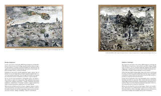 LOS MONEGROS, 2007. Colagem de fotografias impressas / Collage de fotografías impresas / Collage of printed photographs. 108 x 148 cm


                                                                                                                                                                         EL VALLE ENCANTADO, 2006. Colagem de fotografias impressas / Collage de fotografías impresas / Collage of printed photographs. 128 x 157 cm




Paisajes imaginarios                                                                                                                                                                                                 Imaginary Landscapes
La obra a presentar en ArteLisboa 2009 Paisajes Imaginarios de Pablo Mi-                                                                                                                                             The work to be presented at Arte Lisboa 2009 Imaginary Landscapes by
licua se centra en una serie de collages de gran formato en blanco y negro.                                                                                                                                          Pablo Milicua is centered on a series of black and white collages of large
En ellos podemos ver paisajes visionarios plagados de anécdotas que nos                                                                                                                                              scale. In them we can see visionary landscapes plagued with anecdotes
sugieren una reinterpretación del paisaje renacentista centroeuropeo -El                                                                                                                                             suggesting a reinterpretation of the Central-European Renaissance pe-
Bosco, Bruegel, Patinir- en clave actualizada.                                                                                                                                                                       riod (El Bosco, Bruegel, Patinir) holding a current viewpoint.
Realizados en una técnica sencilla (pegamento, papel y tijeras), que no                                                                                                                                              Achieved using a simple technique (glue, paper and scissors), not allowing
permite trucos, son rompecabezas obsesivos hechos de papeles que a ve-                                                                                                                                               for tricks, are obsessive puzzles made from sometimes tiny-sized papers
ces tienen tamaños minúsculos. Fotos del siglo XX extraídas en su mayoría                                                                                                                                            and idealized timeless black and white photos from the 20th century ex-
de una literatura turística idealizada en un blanco y negro atemporal.                                                                                                                                               tracted in its majority from tourist literature.
En esta serie de vistas panorámicas, la fotografía remite a una objetivi-                                                                                                                                            In this series of panoramic views, the photography refers to objectivity,
dad, el blanco y negro a un tiempo pasado. Están poblados de personajes                                                                                                                                              the black and white to a past time. They contain characters and objects
y objetos que configuran situaciones y detalles, formando narraciones                                                                                                                                                which shape situations and details, forming symbolic and humorous na-
simbólicas y humorísticas. Personajes curiosos y lugares pintorescos                                                                                                                                                 rrations. There are curious characters and picturesque places where na-
donde se mezcla naturaleza y arquitectura de un modo híbrido.                                                                                                                                                        ture and architecture are mixed in a hybrid way.
Milicua ha desarrollado una obra en torno a imágenes, objetos e instala-                                                                                                                                             Milicua has developed his work around images, objects and installa-
ciones que apuntan a una subversión de los valores culturales y estéticos.                                                                                                                                           tions which point to an undermining of cultural and aesthetic values.
Su trabajo, que parte de una falsa arqueología, implica procesos de des-                                                                                                                                             His work, based on a false archeology, implies processes of destruction
trucción y creación -collage y ensamblaje- mosaico y acumulación.                                                                                              40   41                                               and creation (collage and assembly) mosaic and accumulation.
 