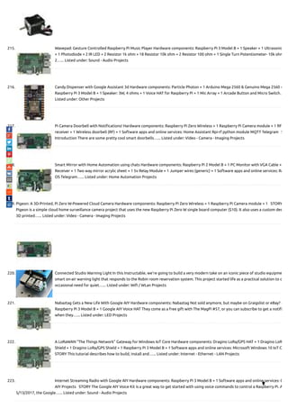 215. Wavepad: Gesture Controlled Raspberry Pi Music Player Hardware components: Raspberry Pi 3 Model B × 1 Speaker × 1 Ultrasonic
× 1 Photodiode × 2 IR LED × 2 Resistor 1k ohm × 18 Resistor 10k ohm × 2 Resistor 100 ohm × 1 Single Turn Potentiometer- 10k ohm
2…... Listed under: Sound - Audio Projects
216. Candy Dispenser with Google Assistant 3d Hardware components: Particle Photon × 1 Arduino Mega 2560 & Genuino Mega 2560 ×
Raspberry Pi 3 Model B × 1 Speaker: 3W, 4 ohms × 1 Voice HAT for Raspberry Pi × 1 Mic Array × 1 Arcade Button and Micro Switch…
Listed under: Other Projects
217. Pi Camera Doorbell with Noti cations! Hardware components: Raspberry Pi Zero Wireless × 1 Raspberry Pi Camera module × 1 RF
receiver × 1 Wireless doorbell (RF) × 1 Software apps and online services: Home Assistant Rpi-rf python module MQTT Telegram   S
Introduction There are some pretty cool smart doorbells…... Listed under: Video - Camera - Imaging Projects
218. Smart Mirror with Home Automation using chats Hardware components: Raspberry Pi 2 Model B × 1 PC Monitor with VGA Cable ×
Receiver × 1 Two way mirror acrylic sheet × 1 5v Relay Module × 1 Jumper wires (generic) × 1 Software apps and online services: Ra
OS Telegram…... Listed under: Home Automation Projects
219. Pigeon: A 3D-Printed, Pi Zero W-Powered Cloud Camera Hardware components: Raspberry Pi Zero Wireless × 1 Raspberry Pi Camera module × 1   STORY
Pigeon is a simple cloud home surveillance camera project that uses the new Raspberry Pi Zero W single board computer ($10). It also uses a custom des
3D printed…... Listed under: Video - Camera - Imaging Projects
220. Connected Studio Warning Light In this Instructable, we're going to build a very modern take on an iconic piece of studio equipme
smart on-air warning light that responds to the Robin room reservation system. This project started life as a practical solution to o
occasional need for quiet…... Listed under: Wi / WLan Projects
221. Nabaztag Gets a New Life With Google AIY Hardware components: Nabaztag Not sold anymore, but maybe on Graigslist or eBay? ×
Raspberry Pi 3 Model B × 1 Google AIY Voice HAT They come as a free gift with The MagPi #57, or you can subscribe to get a noti
when they…... Listed under: LED Projects
222. A LoRaWAN “The Things Network” Gateway for Windows IoT Core Hardware components: Dragino LoRa/GPS HAT × 1 Dragino LoR
Shield × 1 Dragino LoRa/GPS Shield × 1 Raspberry Pi 3 Model B × 1 Software apps and online services: Microsoft Windows 10 IoT C
STORY This tutorial describes how to build, install and…... Listed under: Internet - Ethernet - LAN Projects
223. Internet Streaming Radio with Google AIY Hardware components: Raspberry Pi 3 Model B × 1 Software apps and online services: G
AIY Projects   STORY The Google AIY Voice Kit is a great way to get started with using voice commands to control a Raspberry Pi. A
5/13/2017, the Google…... Listed under: Sound - Audio Projects

 