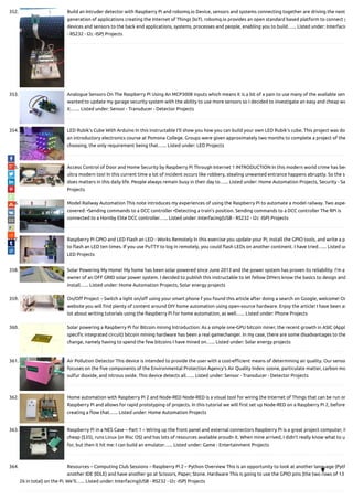 352. Build an Intruder detector with Raspberry Pi and robomq.io Device, sensors and systems connecting together are driving the next
generation of applications creating the Internet of Things (IoT). robomq.io provides an open standard based platform to connect y
devices and sensors to the back end applications, systems, processes and people, enabling you to build…... Listed under: Interfacin
- RS232 - I2c -ISP) Projects
353. Analogue Sensors On The Raspberry Pi Using An MCP3008 inputs which means it is a bit of a pain to use many of the available sens
wanted to update my garage security system with the ability to use more sensors so I decided to investigate an easy and cheap wa
it.…... Listed under: Sensor - Transducer - Detector Projects
354. LED Rubik’s Cube With Arduino In this instructable I'll show you how you can build your own LED Rubik's cube. This project was do
an introductory electronics course at Pomona College. Groups were given approximately two months to complete a project of the
choosing, the only requirement being that…... Listed under: LED Projects
355. Access Control of Door and Home Security by Raspberry Pi Through Internet 1 INTRODUCTION In this modern world crime has bec
ultra modern too! In this current time a lot of incident occurs like robbery, stealing unwanted entrance happens abruptly. So the se
does matters in this daily life. People always remain busy in their day to…... Listed under: Home Automation Projects, Security - Sa
Projects
356. Model Railway Automation This note introduces my experiences of using the Raspberry Pi to automate a model railway. Two aspec
covered: •Sending commands to a DCC controller •Detecting a train’s position. Sending commands to a DCC controller The RPi is
connected to a Hornby Elite DCC controller…... Listed under: Interfacing(USB - RS232 - I2c -ISP) Projects
357. Raspberry Pi GPIO and LED Flash an LED - Works Remotely In this exercise you update your Pi, install the GPIO tools, and write a p
to ash an LED ten times. If you use PuTTY to log in remotely, you could ash LEDs on another continent. I have tried…... Listed un
LED Projects
358. Solar Powering My Home! My home has been solar powered since June 2013 and the power system has proven its reliability. I'm a
owner of an OFF GRID solar power system. I decided to publish this instructable to let fellow DIYers know the basics to design and
install…... Listed under: Home Automation Projects, Solar energy projects
359. On/O Project – Switch a light on/o using your smart phone f you found this article after doing a search on Google, welcome! On
website you will nd plenty of content around DIY home automation using open-source hardware. Enjoy the article! I have been as
lot about writing tutorials using the Raspberry Pi for home automation, as well…... Listed under: Phone Projects
360. Solar powering a Raspberry Pi for Bitcoin mining Introduction: As a simple one-GPU bitcoin miner, the recent growth in ASIC (Appl
speci c integrated circuit) bitcoin mining hardware has been a real gamechanger. In my case, there are some disadvantages to the
change, namely having to spend the few bitcoins I have mined on…... Listed under: Solar energy projects
361. Air Pollution Detector This device is intended to provide the user with a cost-e cient means of determining air quality. Our senso
focuses on the ve components of the Environmental Protection Agency's Air Quality Index: ozone, particulate matter, carbon mo
sulfur dioxide, and nitrous oxide. This device detects all…... Listed under: Sensor - Transducer - Detector Projects
362. Home automation with Raspberry Pi 2 and Node-RED Node-RED is a visual tool for wiring the Internet of Things that can be run on
Raspberry Pi and allows for rapid prototyping of projects. In this tutorial we will rst set up Node-RED on a Raspberry Pi 2, before
creating a ow that…... Listed under: Home Automation Projects
363. Raspberry Pi in a NES Case – Part 1 – Wiring up the front panel and external connectors Raspberry Pi is a great project computer, it
cheap ($35), runs Linux (or Risc OS) and has lots of resources available aroudn it. When mine arrived, I didn't really know what to u
for, but then it hit me: I can build an emulator…... Listed under: Game - Entertainment Projects
364. Resources – Computing Club Sessions – Raspberry Pi 2 – Python Overview This is an opportunity to look at another language (Pyth
another IDE (IDLE) and have another go at Scissors, Paper, Stone. Hardware This is going to use the GPIO pins (the two rows of 13
26 in total) on the Pi. We'll…... Listed under: Interfacing(USB - RS232 - I2c -ISP) Projects

 