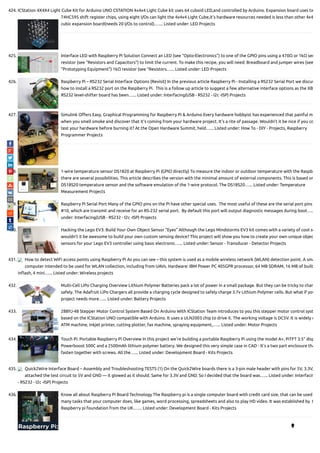 424. ICStation 4X4X4 Light Cube Kit for Arduino UNO CSTATION 4x4x4 Light Cube kit uses 64 cuboid LED,and controlled by Arduino. Expansion board uses tw
74HC595 shift register chips, using eight I/Os can light the 4x4x4 Light Cube,it’s hardware resources needed is less than other 4x4
cubic expansion board(needs 20 I/Os to control).…... Listed under: LED Projects
425. Interface LED with Raspberry Pi Solution Connect an LED (see “Opto-Electronics”) to one of the GPIO pins using a 470Ω or 1kΩ ser
resistor (see “Resistors and Capacitors”) to limit the current. To make this recipe, you will need: Breadboard and jumper wires (see
“Prototyping Equipment”) 1kΩ resistor (see “Resistors…... Listed under: LED Projects
426. Raspberry Pi – RS232 Serial Interface Options (Revisit) In the previous article Raspberry Pi - Installing a RS232 Serial Port we discus
how to install a RS232 port on the Raspberry Pi.  This is a follow up article to suggest a few alternative interface options as the XB
RS232 level-shifter board has been…... Listed under: Interfacing(USB - RS232 - I2c -ISP) Projects
427. Simulink O ers Easy, Graphical Programming for Raspberry Pi & Arduino Every hardware hobbyist has experienced that painful m
when you smell smoke and discover that it's coming from your hardware project. It's a rite of passage. Wouldn't it be nice if you co
test your hardware before burning it? At the Open Hardware Summit, held…... Listed under: How To - DIY - Projects, Raspberry
Programmer Projects
428. 1-wire temperature sensor DS1820 at Raspberry Pi (GPIO directly) To measure the indoor or outdoor temperature with the Raspbe
there are several possibilities. This article describes the version with the minimal amount of external components. This is based on
DS18S20 temperature sensor and the software emulation of the 1-wire protocol. The DS18S20…... Listed under: Temperature
Measurement Projects
429. Raspberry Pi Serial Port Many of the GPIO pins on the Pi have other special uses.  The most useful of these are the serial port pins
#10, which are transmit and receive for an RS-232 serial port.  By default this port will output diagnostic messages during boot…..
under: Interfacing(USB - RS232 - I2c -ISP) Projects
430. Hacking the Lego EV3: Build Your Own Object Sensor “Eyes” Although the Lego Mindstorms EV3 kit comes with a variety of cool se
wouldn’t it be awesome to build your own custom sensing device? This project will show you how to create your own unique objec
sensors for your Lego EV3 controller using basic electronic…... Listed under: Sensor - Transducer - Detector Projects
431. How to detect WiFi access points using Raspberry Pi As you can see – this system is used as a mobile wireless network (WLAN) detection point. A sma
computer intended to be used for WLAN collection, including from UAVs. Hardware: IBM Power PC 405GPR processor, 64 MB SDRAM, 16 MB of built
in ash, 4 mini…... Listed under: Wireless projects
432. Multi-Cell LiPo Charging Overview Lithium Polymer Batteries pack a lot of power in a small package. But they can be tricky to char
safely. The Adafruit LiPo Chargers all provide a charging cycle designed to safely charge 3.7v Lithium Polymer cells. But what if you
project needs more…... Listed under: Battery Projects
433. 28BYJ-48 Stepper Motor Control System Based On Arduino With ICStation Team introduces to you this stepper motor control syst
based on the ICStation UNO compatible with Arduino. It uses a ULN2003 chip to drive it. The working voltage is DC5V. It is widely u
ATM machine, inkjet printer, cutting plotter, fax machine, spraying equipment,…... Listed under: Motor Projects
434. Touch Pi: Portable Raspberry Pi Overview In this project we're building a portable Raspberry Pi using the model A+, PiTFT 3.5” disp
Powerboost 500C and a 2500mAh lithium polymer battery. We designed this very simple case in CAD - It's a two part enclosure tha
fasten together with screws. All the…... Listed under: Development Board - Kits Projects
435. Quick2Wire Interface Board – Assembly and Troubleshooting TESTS (1) On the Quick2Wire boards there is a 3-pin male header with pins for 5V, 3.3V,
attached the test circuit to 5V and GND — it glowed as it should. Same for 3.3V and GND. So I decided that the board was…... Listed under: Interfacin
- RS232 - I2c -ISP) Projects
436. Know all about Raspberry Pi Board Technology The Raspberry pi is a single computer board with credit card size, that can be used
many tasks that your computer does, like games, word processing, spreadsheets and also to play HD video. It was established by  t
Raspberry pi foundation from the UK.…... Listed under: Development Board - Kits Projects

 