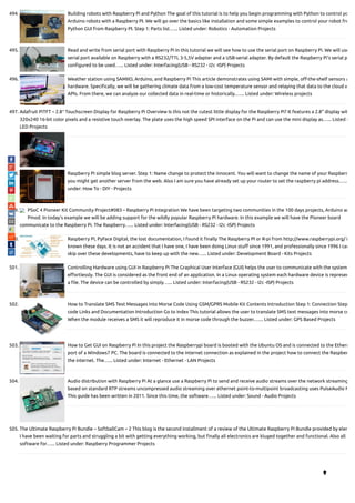 494. Building robots with Raspberry Pi and Python The goal of this tutorial is to help you begin programming with Python to control yo
Arduino robots with a Raspberry PI. We will go over the basics like installation and some simple examples to control your robot fro
Python GUI from Raspberry PI. Step 1: Parts list…... Listed under: Robotics - Automation Projects
495. Read and write from serial port with Raspberry Pi In this tutorial we will see how to use the serial port on Raspberry Pi. We will use
serial port available on Raspberry with a RS232/TTL 3-5,5V adapter and a USB-serial adapter. By default the Raspberry Pi’s serial p
con gured to be used…... Listed under: Interfacing(USB - RS232 - I2c -ISP) Projects
496. Weather station using SAMIIO, Arduino, and Raspberry Pi This article demonstrates using SAMI with simple, o -the-shelf sensors a
hardware. Speci cally, we will be gathering climate data from a low-cost temperature sensor and relaying that data to the cloud v
APIs. From there, we can analyze our collected data in real-time or historically.…... Listed under: Wireless projects
497. Adafruit PiTFT – 2.8″ Touchscreen Display for Raspberry Pi Overview Is this not the cutest little display for the Raspberry Pi? It features a 2.8" display wit
320x240 16-bit color pixels and a resistive touch overlay. The plate uses the high speed SPI interface on the Pi and can use the mini display as…... Listed u
LED Projects
498. Raspberry Pi simple blog server. Step 1: Name change to protect the innocent. You will want to change the name of your Raspberr
you might get another server from the web. Also I am sure you have already set up your router to set the raspberry pi address.…..
under: How To - DIY - Projects
499. PSoC 4 Pioneer Kit Community Project#083 – Raspberry Pi Integration We have been targeting two communities in the 100 days projects, Arduino an
Pmod. In today’s example we will be adding support for the wildly popular Raspberry Pi hardware. In this example we will have the Pioneer board
communicate to the Raspberry Pi. The Raspberry…... Listed under: Interfacing(USB - RS232 - I2c -ISP) Projects
500. Raspberry Pi, PyFace Digital, the lost documentation, I found it nally The Raspberry PI or R-pi from http://www.raspberrypi.org/ i
known these days. It is not an accident that I have one, I have been doing Linux stu since 1991, and professionally since 1996 I can
skip over these developments, have to keep up with the new…... Listed under: Development Board - Kits Projects
501. Controlling Hardware using GUI in Raspberry Pi The Graphical User Interface (GUI) helps the user to communicate with the system
e ortlessly. The GUI is considered as the front end of an application. In a Linux operating system each hardware device is represen
a le. The device can be controlled by simply…... Listed under: Interfacing(USB - RS232 - I2c -ISP) Projects
502. How to Translate SMS Text Messages into Morse Code Using GSM/GPRS Mobile Kit Contents Introduction Step 1: Connection Step
code Links and Documentation Introduction Go to index This tutorial allows the user to translate SMS text messages into morse co
When the module receives a SMS it will reproduce it in morse code through the buzzer.…... Listed under: GPS Based Projects
503. How to Get GUI on Raspberry Pi In this project the Raspberrypi board is booted with the Ubuntu OS and is connected to the Ethern
port of a Windows7 PC. The board is connected to the internet connection as explained in the project how to connect the Raspber
the internet. The…... Listed under: Internet - Ethernet - LAN Projects
504. Audio distribution with Raspberry Pi At a glance use a Raspberry Pi to send and receive audio streams over the network streaming
based on standard RTP streams uncompressed audio streaming over ethernet point-to-multipoint broadcasting uses PulseAudio N
This guide has been written in 2011. Since this time, the software…... Listed under: Sound - Audio Projects
505. The Ultimate Raspberry Pi Bundle – SoftballCam – 2 This blog is the second installment of a review of the Ultimate Raspberry Pi Bundle provided by elem
I have been waiting for parts and struggling a bit with getting everything working, but nally all electronics are kluged together and functional. Also all
software for…... Listed under: Raspberry Programmer Projects

 