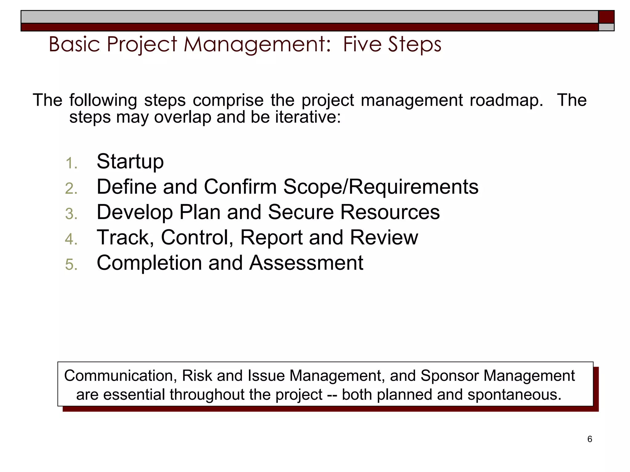 Basic Project Management:  Five Steps   The following steps comprise the project management roadmap.  The steps may overlap and be iterative: Startup Define and Confirm Scope/Requirements Develop Plan and Secure Resources  Track, Control, Report and Review Completion and Assessment Communication, Risk and Issue Management, and Sponsor Management are essential throughout the project -- both planned and spontaneous.   