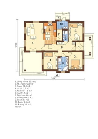 1. Living Room 25.4 m2
2. The room 12,8m2
3. Room 12.8 m2
4. room 12,8 m2
5. Kitchen 11,5 m2
6. Hall 14.7 m2
7. Tambour 3.0 m2
8. Bathroom 6,9 m2
9. Toilet 2.7 m2
10. Boiler 4,3 m2
11. Pantry 3.0 m2
section
 