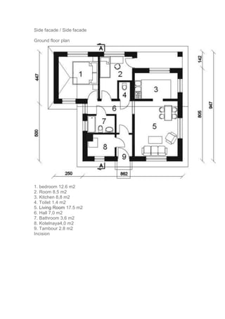 Side facade / Side facade
Ground floor plan
1. bedroom 12.6 m2
2. Room 8.5 m2
3. Kitchen 8,8 m2
4. Toilet 1,4 m2
5. Living Room 17.5 m2
6. Hall 7,0 m2
7. Bathroom 3,6 m2
8. Kotelnaya4,0 m2
9. Tambour 2.8 m2
Incision
 