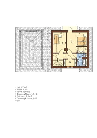 1. Hall 4,7 m2
2. Room 8,1m2
3. Room 13.0 m2
4. Dressing Room 1,8 m2
5. Bathroom 2,8 m2
6. Dressing Room 4,3 m2
Разрез
 