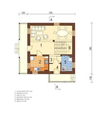 1. Living Room 24.2 m2
2. Kitchen 6,3 m2
3. Hall 2,3 m2
4. Entrance hall 2,2 m2
5. Bathroom 3,9 m2
6. Stairs 5.3 m2
 