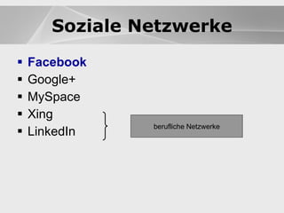 Blogs Facebook Google+ MySpace Xing LinkedIn Blogs Soziale Netzwerke berufliche Netzwerke 