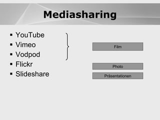 Blogs YouTube Vimeo Vodpod Flickr Slideshare Blogs Mediasharing Film Photo Präsentationen 