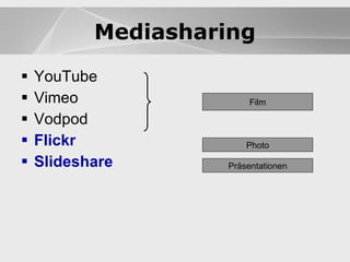 Blogs YouTube Vimeo Vodpod Flickr Slideshare Blogs Mediasharing Film Photo Präsentationen 