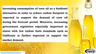 www.entrepreneurindia.co
Increasing consumption of corn oil as a biodiesel
alternative in order to reduce carbon footprint is
expected to support the demand of corn oil
during the forecast period. Moreover, increasing
government regulation especially important in
states with low carbon fuels standards such as
California is further expected to support the
market demand.
 