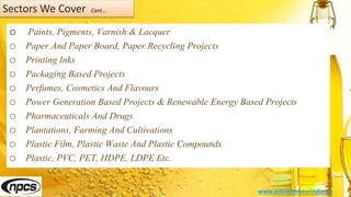 Sectors We Cover Cont…
o Paints, Pigments, Varnish & Lacquer
o Paper And Paper Board, Paper Recycling Projects
o Printing Inks
o Packaging Based Projects
o Perfumes, Cosmetics And Flavours
o Power Generation Based Projects & Renewable Energy Based Projects
o Pharmaceuticals And Drugs
o Plantations, Farming And Cultivations
o Plastic Film, Plastic Waste And Plastic Compounds
o Plastic, PVC, PET, HDPE, LDPE Etc.
www.entrepreneurindia.co
 