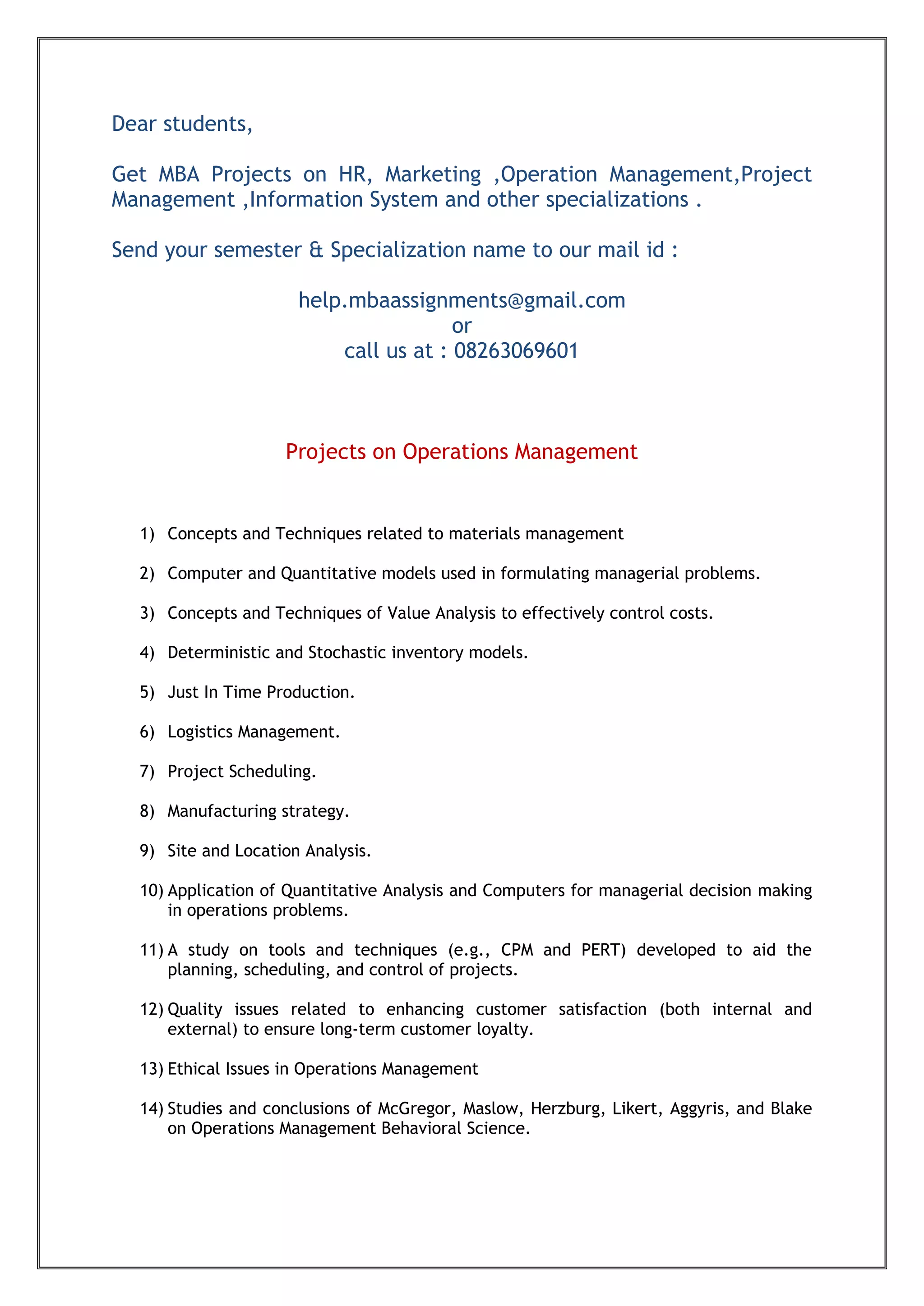 Projects on operations management | DOCX