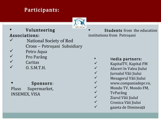 Participants:


       Volunteering                             Students from the education
Associations:                         institutions from Petroşani
                                     



       Cross – Petroşani Subsidiary
      National Society of Red

       Petro Aqua
       Pro Parâng                                Media partners:


       Caritas                                   KapitalTV, Kapital FM


       O. S.M.T.H.
                                         

                                                 Afaceri în Valea Jiului
                                        

                                                 Jurnalul Văii Jiului
                                        

                                                 Mesagerul Văii Jiului
         Sponsors:
                                         

                                                 www.companiadepr.ro,
                                         

Pluss Supermarket,                               Mondo TV, Mondo FM,
                                        

INSEMEX, VISA                                    TvParâng
                                         

                                                 Ziarul Văii JiuluI
                                         

                                                 Cronica Văii Jiului
                                         

                                                 gazeta de Dimineaţă
                                         
                                         
 