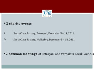  2 charity events


     Santa Claus Factory, Petroşani, December 5 – 14, 2011

     Santa Claus Factory, Wolfsebrg, December 5 – 14, 2011




 2 common meetings of Petroşani and Varpalota Local Councils
 
