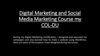 Digital Marketing and Social
Media Marketing Course my
COL-DU
During my Digital Marketing Certification, I designed and executed my
campaigns and also learned how to make a website using WordPress.
Here are some of the projects I have designed during my course.
 