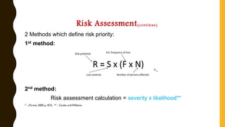 Risk Assessment(continue)
2 Methods which define risk priority:
1st method:
*-
2nd method:
Risk assessment calculation = severity x likelihood**
* - (Turner, 2000, p. 457). ** - Cooke and Williams
 