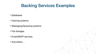 Backing Services Examples
‣ Databases

‣ Caching systems

‣ Messaging/Queueing systems

‣ File storages

‣ Email/SMTP services

‣ And others…
 