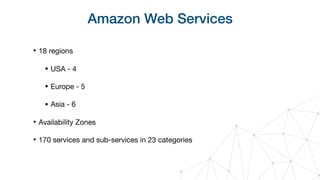 Amazon Web Services
‣ 18 regions

• USA - 4

• Europe - 5

• Asia - 6

‣ Availability Zones

‣ 170 services and sub-services in 23 categories
 
