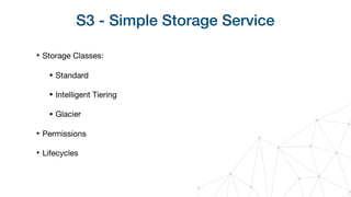 S3 - Simple Storage Service
‣ Storage Classes:

• Standard

• Intelligent Tiering

• Glacier

‣ Permissions

‣ Lifecycles
 